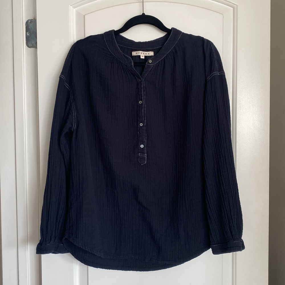 XÍRENA Navy Blue Henley Cotton Gauze Top Crew Neck Contrast Stitching Medium